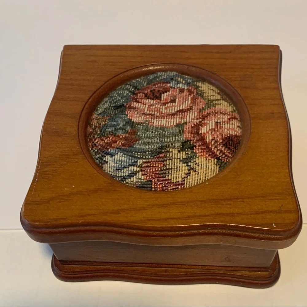 Vintage Cherry Wood jewelry box 6.5”x 7”Needlepoint, Floral Tapestry